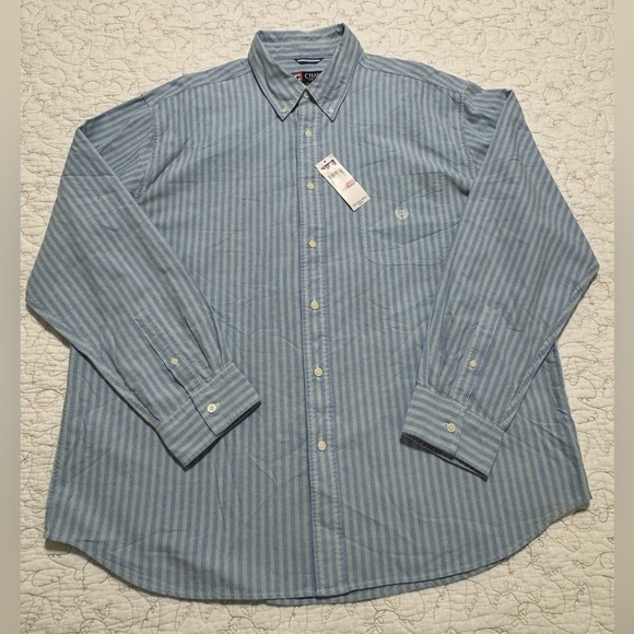 Chaps Men’s XXL Basic Blue/Green Striped Long Sleeve Cotton Button Downn Shirt - Picture 9 of 10